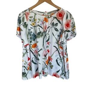 LOFT White and Green Floral Short Sleeve Blouse - XL